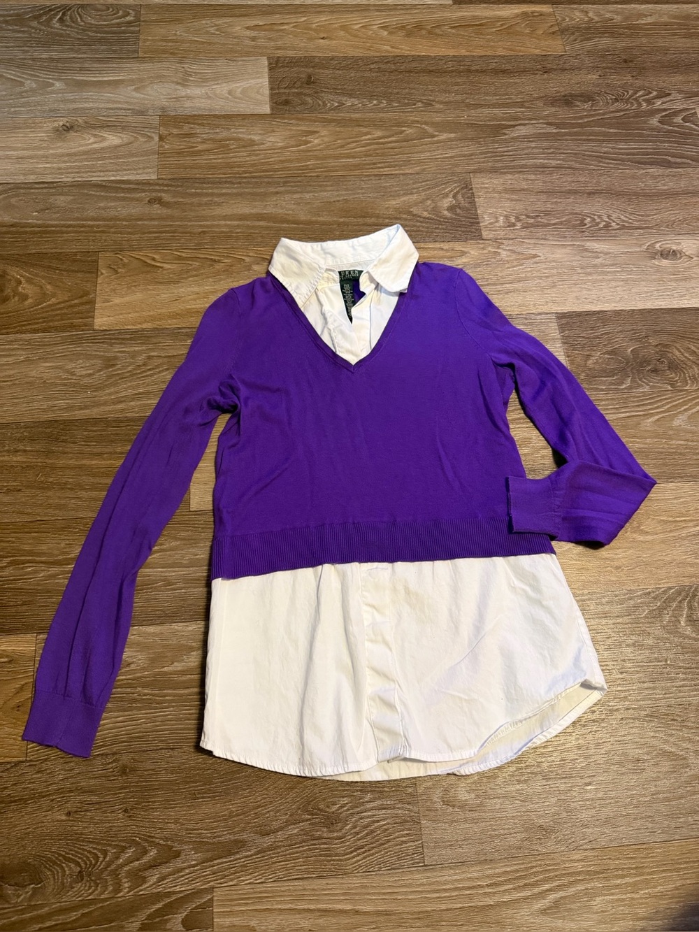 Ralph Lauren Purple V-Neck Layered Knit Sweater with White Shirt